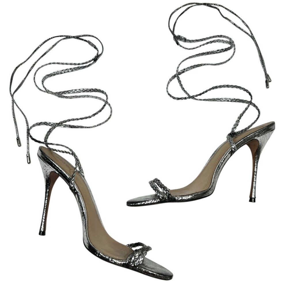 Schutz Silver Snake Strappy Heel Stiletto Sandals Ankle Wrap Metallic 10 - Picture 3 of 9